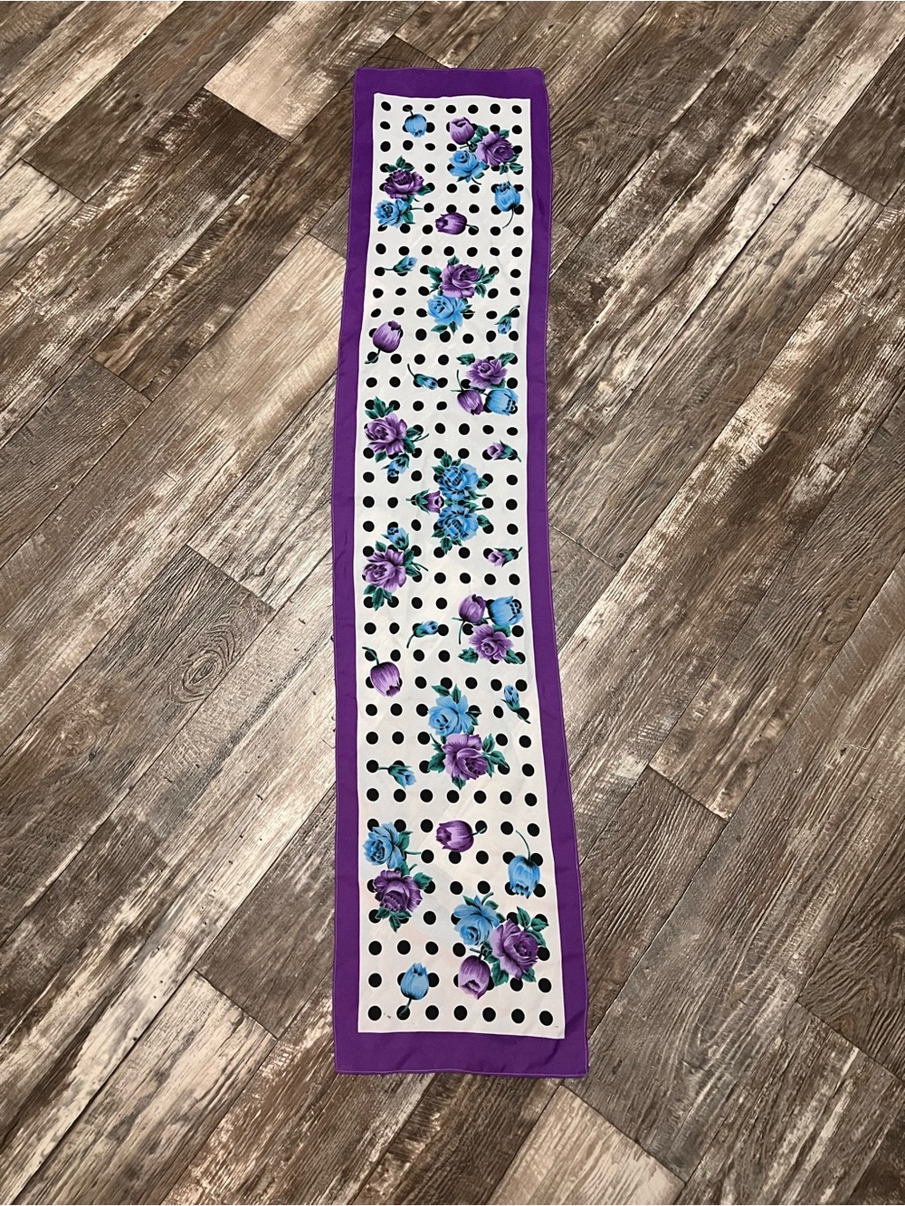 Purple-Edged Floral Polka Dot Silk Scarf Wrap